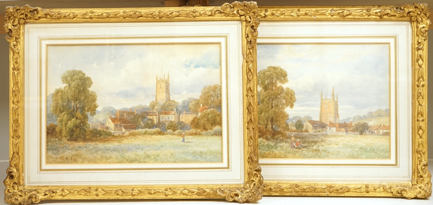 William Woods Hodges (19th. C), Landscapes with churches, signed, pair of watercolours, 19 x 30cm, gilt framed